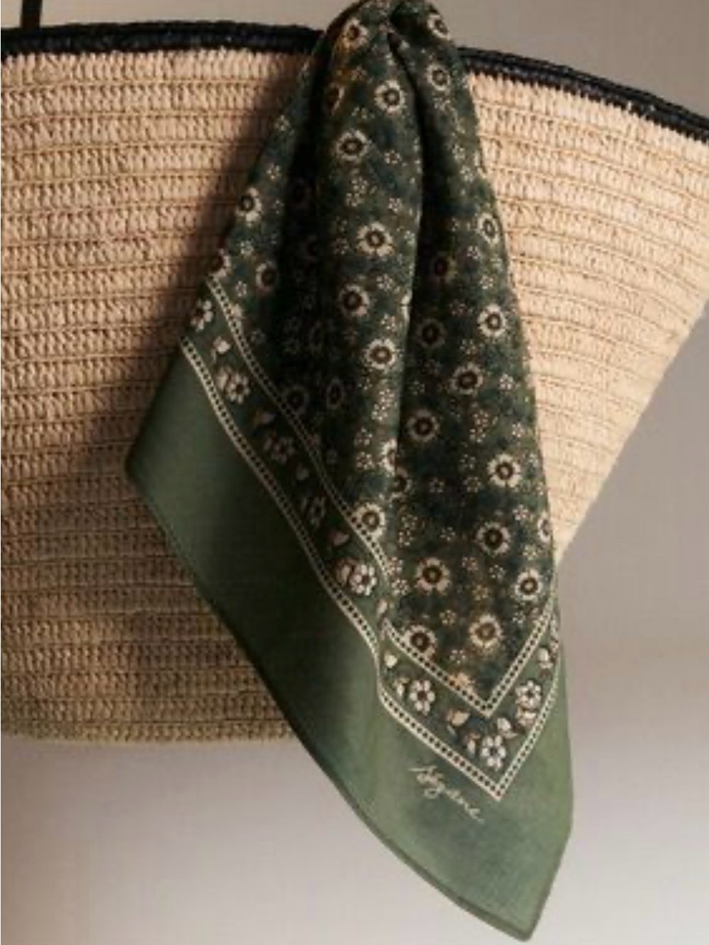 Sezane Green Floral Print Silk Scarf